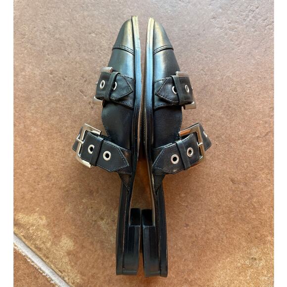 Schutz "Penny Flats" Black Buckle Mules with Silver Hardware, Pointy Toes size 6 - Picture 12 of 15